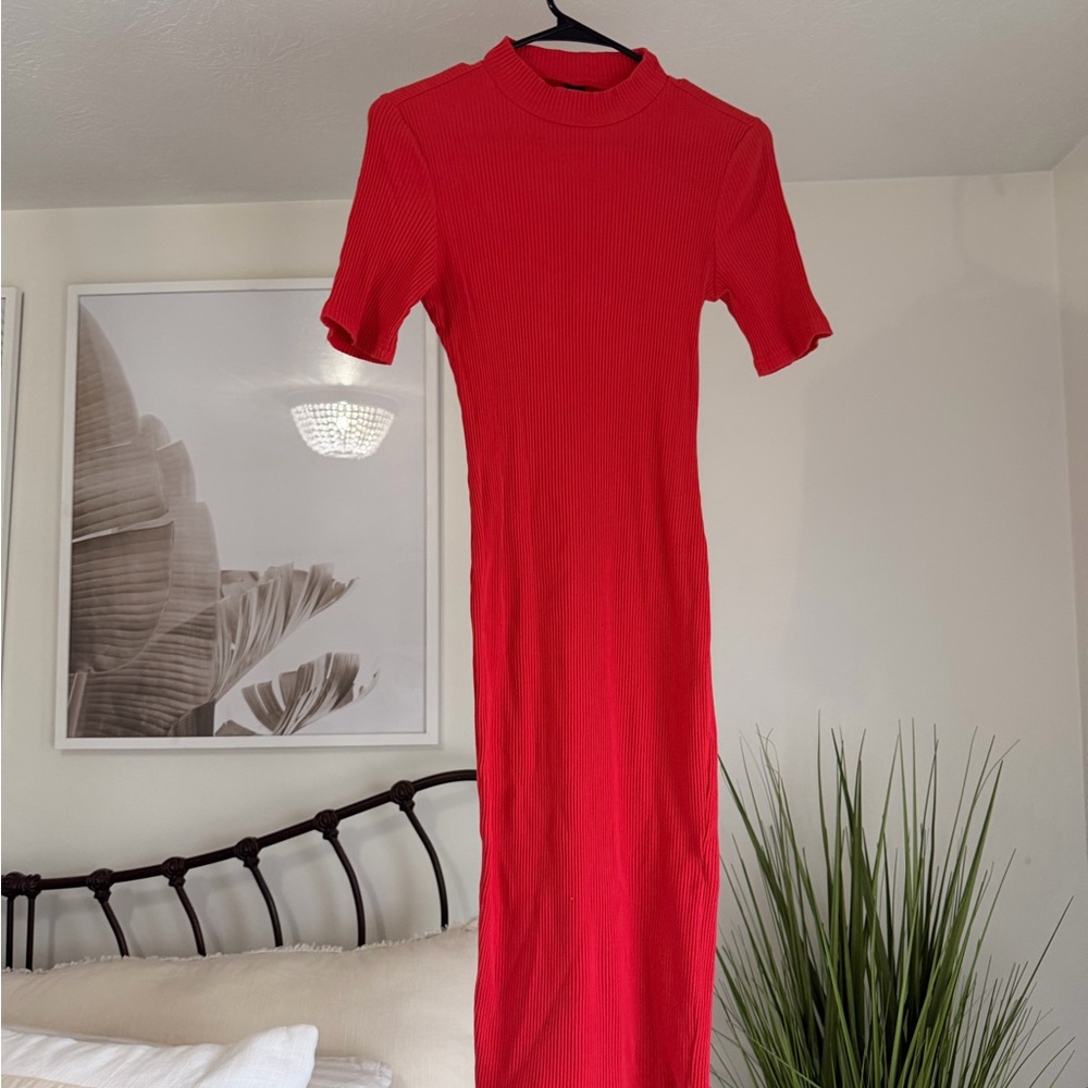 SHEIN Red Midi Ribbed Dress